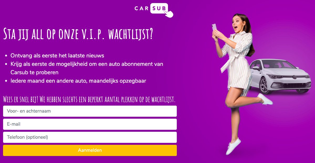 CarsubNL's tweet photo. Hoe gaaf! Je kan je nu inschrijven bij Carsub! Het meest flexibele auto abonnement van NL! Gemakkelijk, toegankelijk en flexibel autorijden. Jij kiest 'gewoon' een auto en wij regelen de rest! Nieuwsgierig naar ons auto abonnement? Ga naar https://t.co/VCnE1fWpOm https://t.co/CYXDJRxmf7