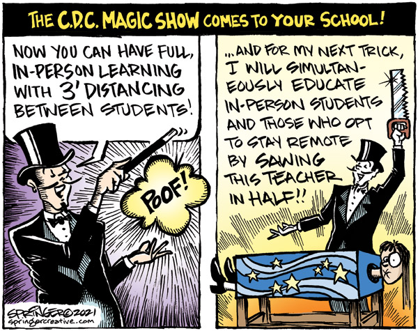 SpringerToons's tweet photo. Yes, it's the #CDC Traveling Magic Show coming to a #school near you! See more cartoons at https://t.co/tlU8fibhs9 #teachers #remotelearning #Covid_19 https://t.co/3EZ8wIEtSF