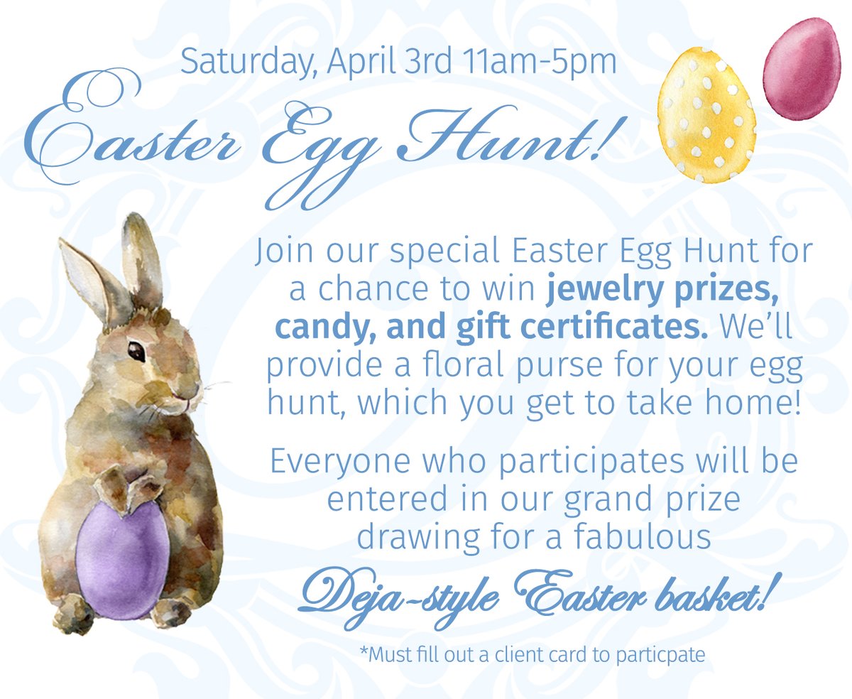 DejaAndCo's tweet photo. Join us this Saturday, April 3rd from 11am-5pm for a special Deja-style Easter Egg Hunt! 🐣 We'll be hiding eggs all around our sunny courtyard that are filled with jewelry prizes, candy, and gift certificates! Stay tuned on our social media for more updates! 🐰💐 https://t.co/z1VbtB3F7l