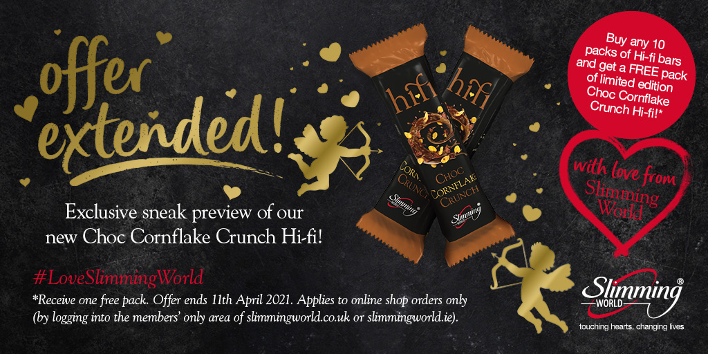SlimmingWorld's tweet image. Great news for #SlimmingWorld members 📣! If you’ve not yet had chance to sample our Choc Cornflake Crunch Hi-fi, you still have time – we’ve extended our #Offer until 11th April 🙌. Simply order 10 boxes of your flavour of choice online &amp;amp; receive a free limited-edition pack 🤫.