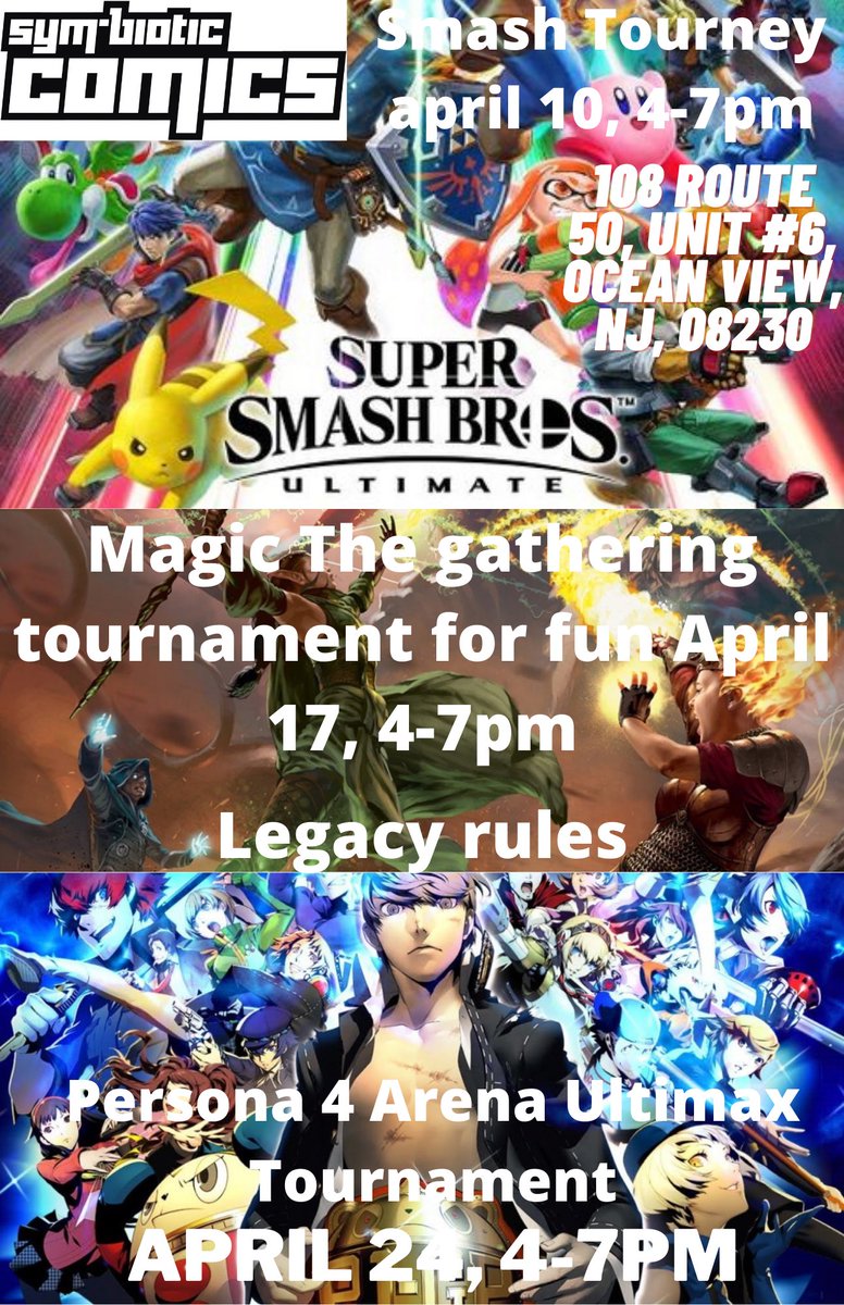 ComicSymbiotic's tweet photo. April events. #SmashBrosUltimate #mtg #MagicTheGathering #Persona4 #P4AU #free #comicshop https://t.co/iACGGHCBCs