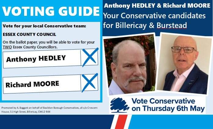 BasildonTories's tweet photo. Anthony Hedley &amp; Dr Richard Moore will be seeking re-election in the #Billericay &amp; #Burstead Division of Essex. Tony has represented the division since 2001 and Richard joined him in 2017. https://t.co/W1FvF5QBrX