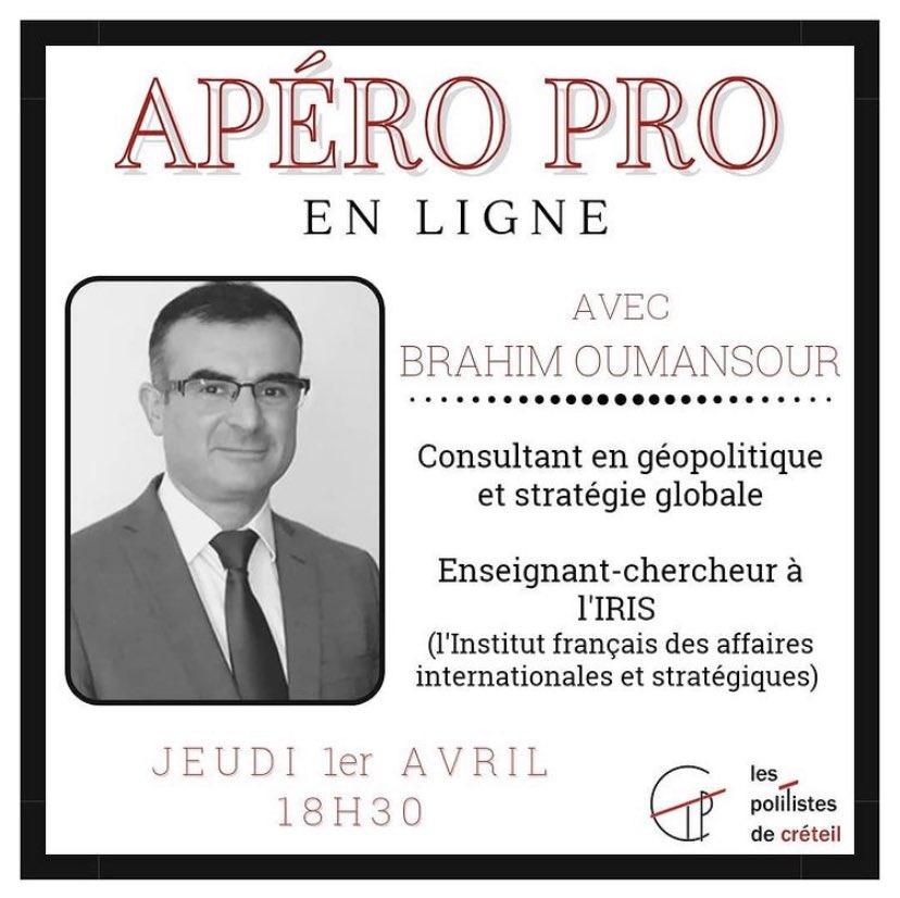 PolitistesUPEC's tweet photo. Nous sommes très content.e.s de recevoir Brahim Oumansour, consultant en géopolitique et stratégie internationale et Chercheur à l’IRIS, pour le prochain apéro pro du 1er avril a 18h30. 

➡️ Formulaire d’inscription : https://t.co/NcWla35bCK #UPEC #sciencepo #assosupec #eep https://t.co/vsPhMPjUvZ