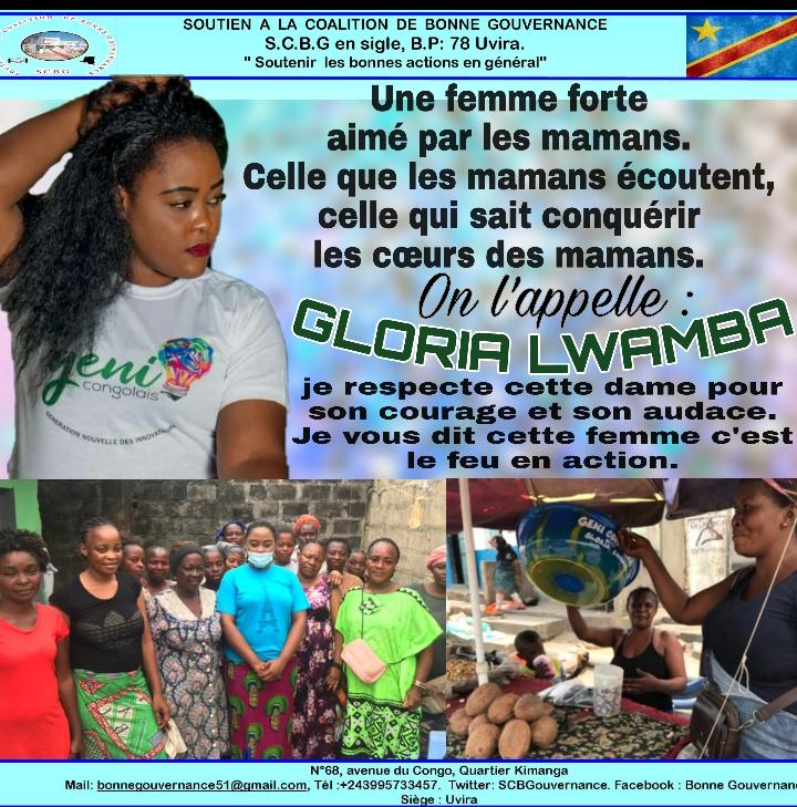 Une femme forte aimé par les mamans 
Celle que les mamans écoutent , celle qui sait conquérir les cœurs des mamans 
On l'appelle : GLORIA LWAMBA 
je respecte cette dame pour son courage et son audace 
Je vous dit cette femme c'est le feu en action 
<a href="/fatshi13/">Félix A. Tshisekedi</a>  @GuyLoando_