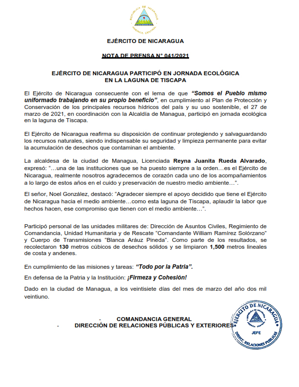 Documento Oficial del Ejercito de Nicaragua nota de prensa numero 0412021