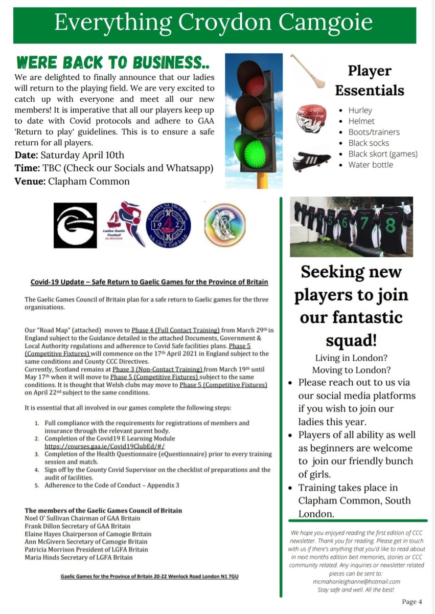 First edition of our monthly newsletter. Keeping us up to date with all of Croydon Camogie's local news!