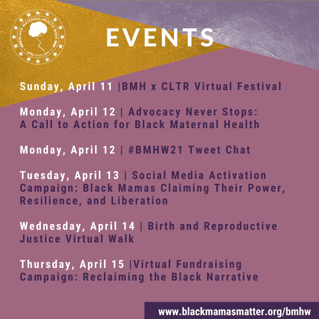 ACNMmidwives's tweet photo. Black Maternal Health Week 2021 is coming up soon! This week serves to amplify the voices of Black mamas and center the values and traditions of the reproductive and birth justice movements. Learn more at https://t.co/ecOSgbHnHY https://t.co/7ecFn839rc