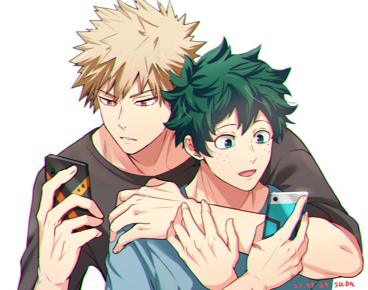 bakugou katsuki ,midoriya izuku multiple boys 2boys male focus freckles phone blonde hair green hair  illustration images