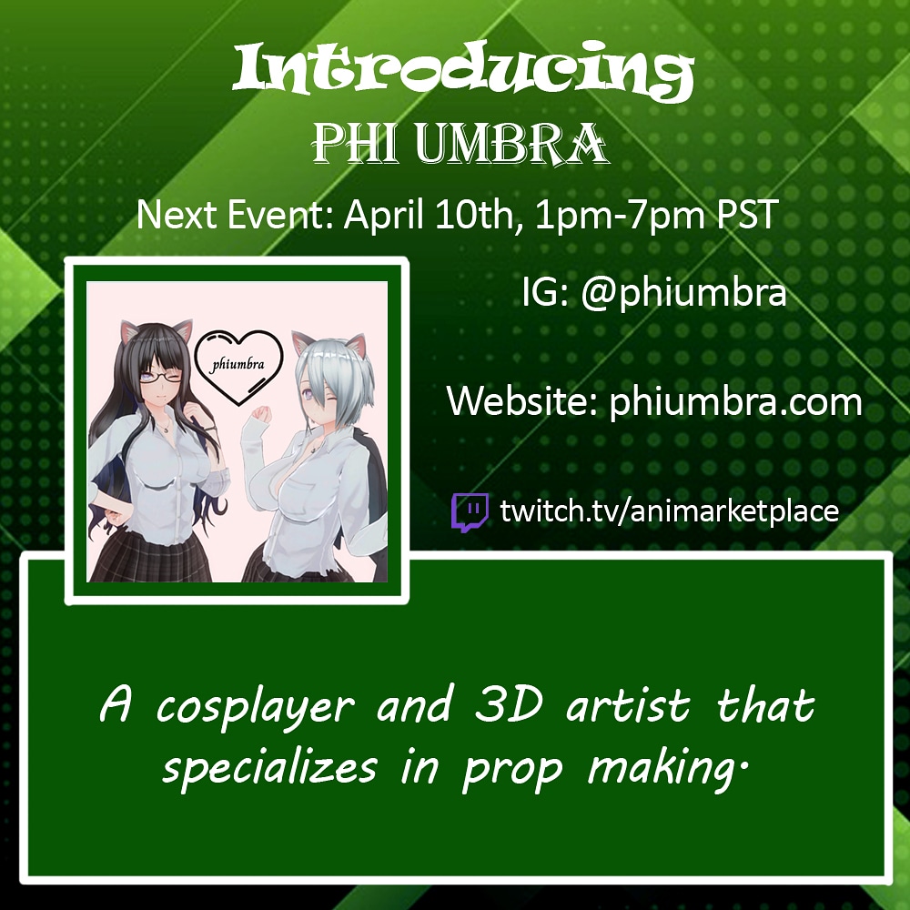 AniMarketplace's tweet image. Who likes 3D props? I know my cosplays would have that special touch with them! Introducing Phi Umbra coming in a couple weeks!!!

IG: instagram.com/phiumbra
Web: phiumbra.com
💚💚💚💚💚
#twitchevent #virtualevent #AprilEvent
