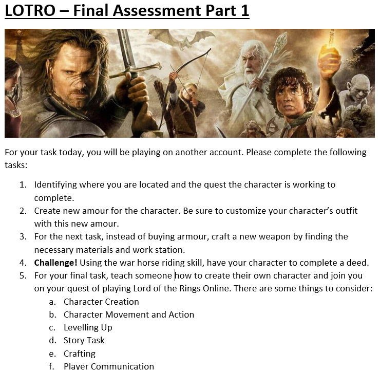 MsKP_edu's tweet photo. Assessment: After spending the past weeks learning how to play LOTRO, we took the time to assess how far our learning has come. We used a different account to apply and challenge the skills that we learned to play independently. #letsteachadults 
@YEPeducation https://t.co/AMpOmC0Oid