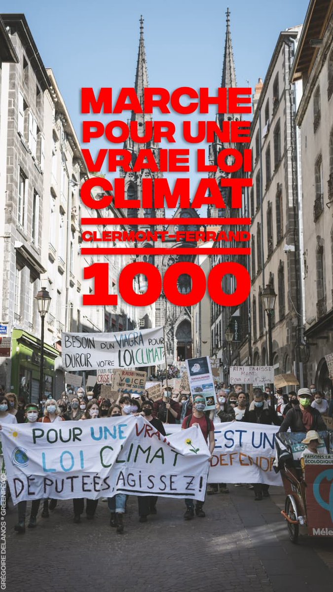 Greenpeace_CF's tweet photo. Aujourd'hui nous étions mobilisé·es à #ClermontFerrand pour demander aux député·es une #VraieLoiClimat, à la veille des débats en plénière à l'Assemblée nationale sur le #PJLClimatResilience. Une très belle #MarcheClimat dont voici quelques photos ⬇️ https://t.co/8yXn3x9xe1