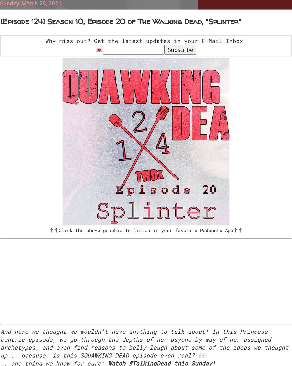SQUAWKING_DEAD's tweet photo. 📝NEW📜#BLOG 📓#POST 📰[Episode 124] #TWDSeason10, Episode 20 of #TheWalkingDead, "Splinter"
🗞🔗➡ https://t.co/n0GfJBTZjZ
#podcast #TWD #WalkingDead #TWDx #PaolaLazaro #TWDPrincess #TMNT #PTSD #DarylDixon #FatherGabriel #EuegenePorter #KingEzekiel #LanceHornsby #TheCommonwealth https://t.co/3s1rldWeCx