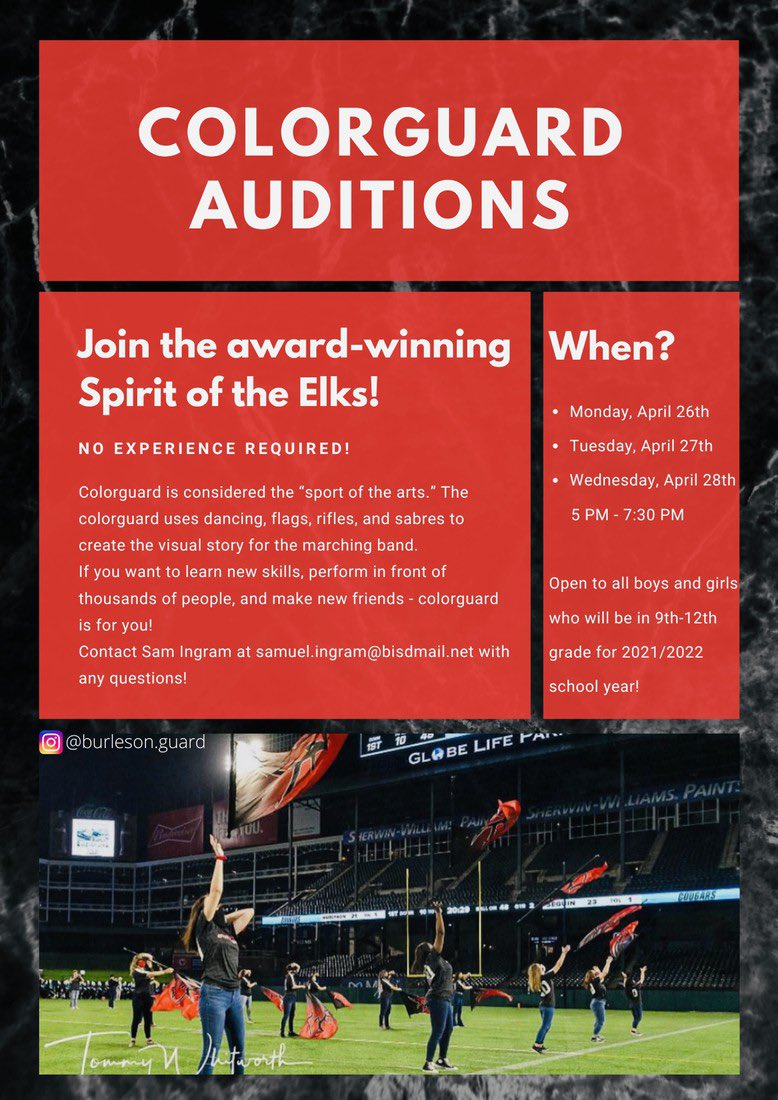 Join the BHS Colorguard!! <a href="/BHSElks/">Burleson High School</a> <a href="/BurlesonISD/">BurlesonISD</a> @SpiritOfTheElks