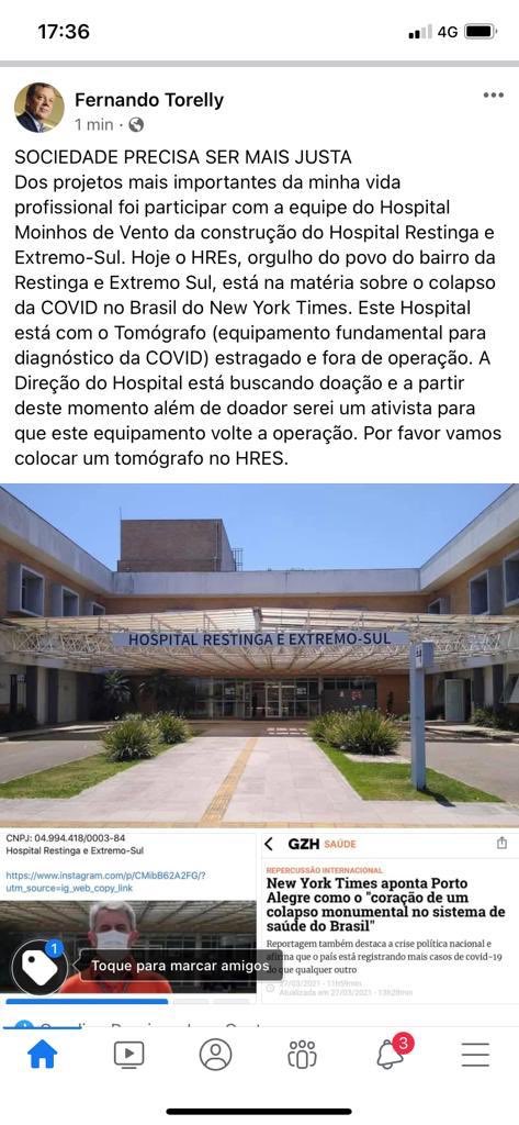 fernandotorelly's tweet photo. Dificil de aceitar que o Hospital Restinga e Extremo Sul mesmo sendo um Hospital estratégico no enfrentamento da Covid está com o seu tomógrafo inoperante. Vamos ajudar. A comunidade da Restinga precisa do nosso apoio. https://t.co/SX5WFtktbU