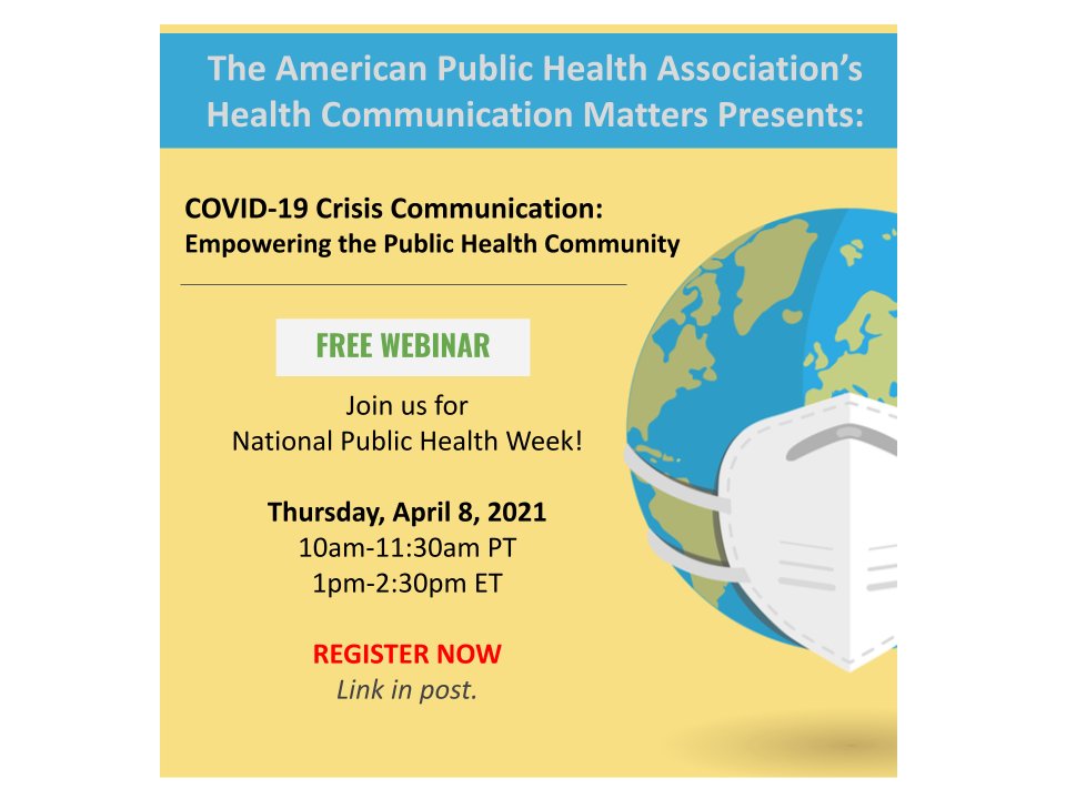 APHA_healthcomm's tweet photo. Webinar from APHAs Health Communication Matters! Learn about how to effective crisis communication strategies using research-informed digital strategies during a prolonged
#COVID19 crisis. Register on
https://t.co/IFiukzjcLh
#HealthCommsMatter
#NPHW https://t.co/2zpulxfAxr