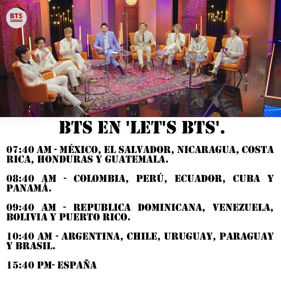 BTSquadPress's tweet photo. [INFO]📰

¡Mañana temprano @BTS_twt aparecerá y actuará en el programa de entrevistas 'Let's BTS' de KBS!

Se transmitirá en vivo y directo a través de la programación especial de VLive.

Link → (https://t.co/F0yT0M2pBC)

⏰➝ ¡Horarios para Latinoamérica! https://t.co/LRzHWNWcxU