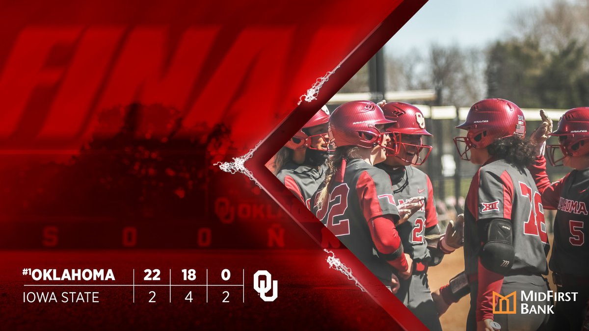 OU_Softball's tweet photo. 𝐒𝐰𝐞𝐞𝐩𝐢𝐧' 𝐝𝐨𝐰𝐧 𝐭𝐡𝐞 𝐩𝐥𝐚𝐢𝐧 🧹
FINAL | No. 1 OU 22, ISU 2
#ChampionshipMindset️ https://t.co/iISPbdYnJl