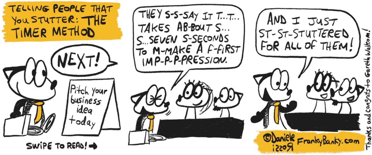 “That was it… That is how I can make the first impression.”

Check out our latest article by <a href="/GarethWalkom/">Gareth Walkom</a>, who tells the story of how he recently aced a business pitch by embracing his stutter as part of it! Also with an amazing comic from <a href="/stutterdude/">Daniele Rossi creator of Franky Banky</a>!

stamily.org/2021/03/27/pit…