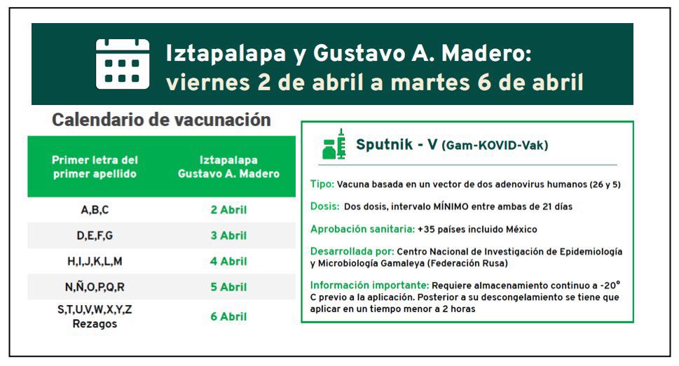 El 2 de abril inicia la vacunación de adultos de 60 años y más en <a href="/Alc_Iztapalapa/">Alcaldía Iztapalapa</a> y <a href="/TuAlcaldiaGAM/">Alcaldía Gustavo A. Madero</a>, cuyo apellido paterno empiece con: A, B y C. Se aplicará la vacuna Sputnik-V.
 
Más información, para  consultar horario y cita en 👇🏻
vacunacion.cdmx.gob.mx