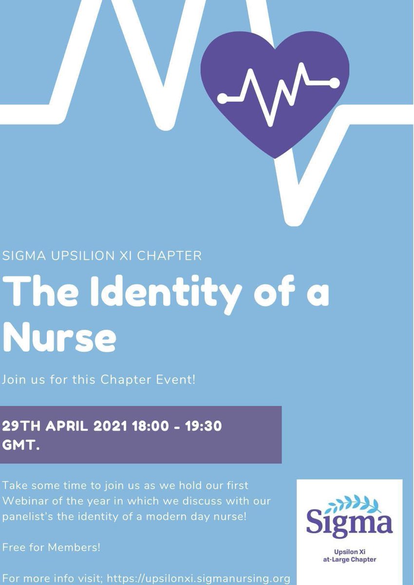@UpsilonXiSigma would like to invite you to our up and coming virtual discussion next week on ‘The Identity of a Nurse’. Join us on the 29th April - DM us for more info on how to join the meeting @RegionSigma