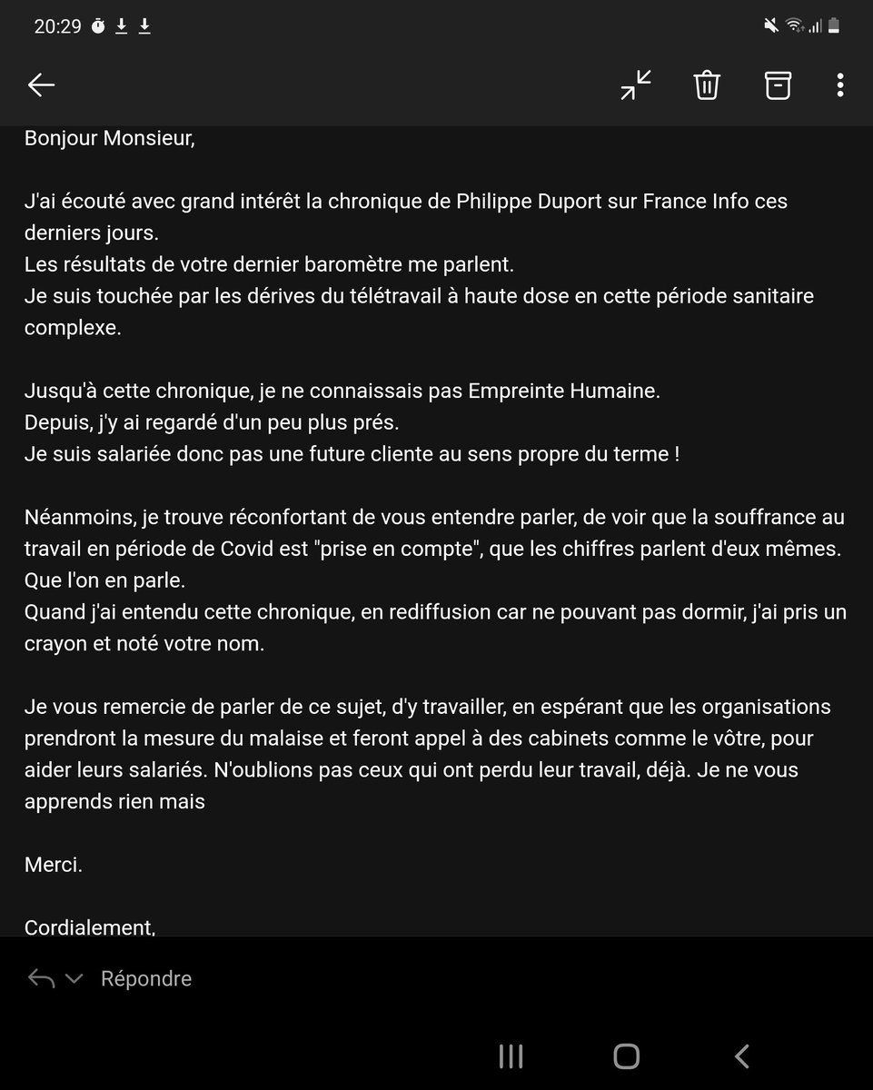 Qd tu reçois ce genre de mail, il te donne une énergie forte pour continuer : 1 reconnaissance simple&amp; authentique qui renforce le sens&amp; l'utilité de ton action. Il dit que tu es dans la bonne direction. Même si parfois elle est à contre courant. Merci ! #qvt #rps #teletravail