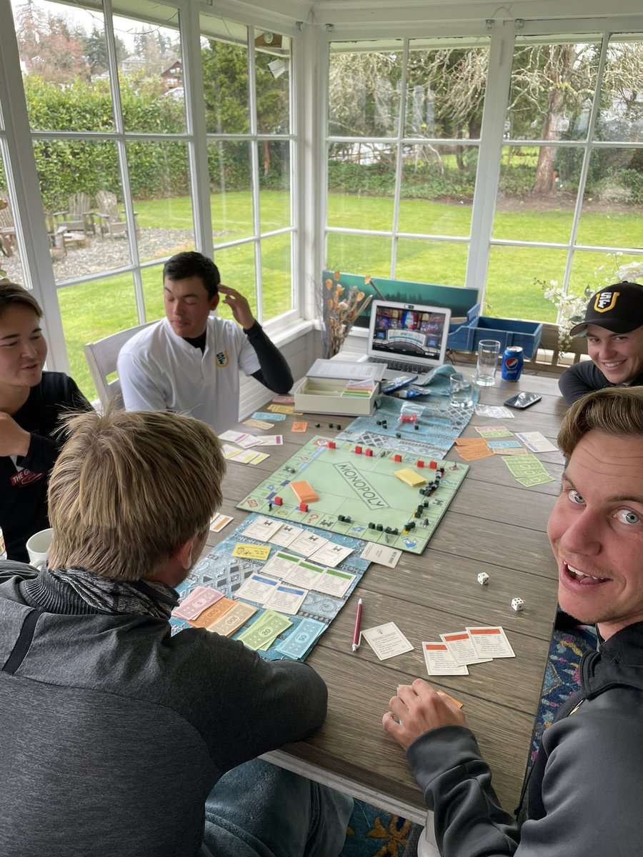 USFDonsMensGolf's tweet photo. We learned a lot about our team during rain out today. Deals were made, friendships were tested, and rules were questioned...Monopoly with the Dons. #makedeals #begreedy https://t.co/vXlLZH5rnH