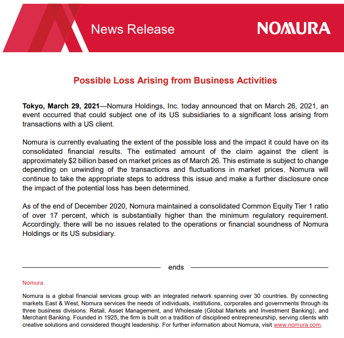 PolemicTMM's tweet photo. If Nomura has dropped $2 billion on mismatch between execution on margin call and/or remaining contractual risk then the knock on effect is going to be every Prime Broker credit debt going loopy and tightening on margin requirements
This could be the great deleveraging. https://t.co/VoAdireLUX