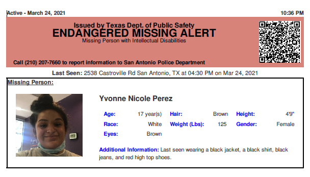ENDANGERED MISSING PERSONS ALERT CONTINUES: initially issued on 03/24/2021 for Yvonne Nicole Perez from San Antonio, TX