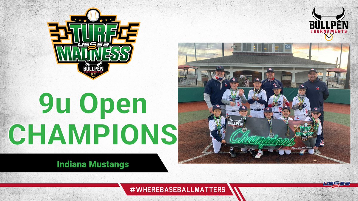 Bullpenevents's tweet photo. 🏆 Congratulations to the Indiana Mustangs on winning the 9u Open Championship in the USSSA Turf Madness🏆

#WhereBaseballMatters https://t.co/hwNqLfyZf0