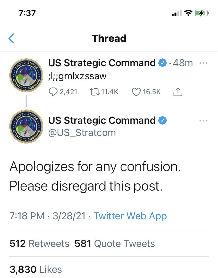 RedRising11's tweet photo. Because deleting the entire post @US_Stratcom isn’t worse than tweeting it in the first place 🤦🏻‍♀️  We already saw the #LaunchCodes!!! 💀💀💀 #USStrategicCommand https://t.co/JXNamttWVV