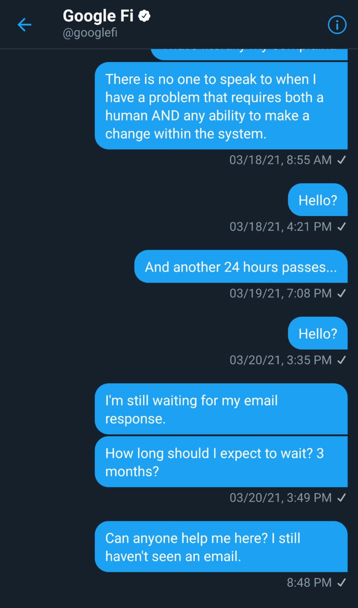 teej_dv's tweet image. Oh hey, it's me again. Just letting everyone know that the #GoogleFIasco continues with @googlefi... They haven't sent an email after the supposed 24 hours I was supposed to wait. Which was 3 weeks ago now.

#CustomerServiceFails