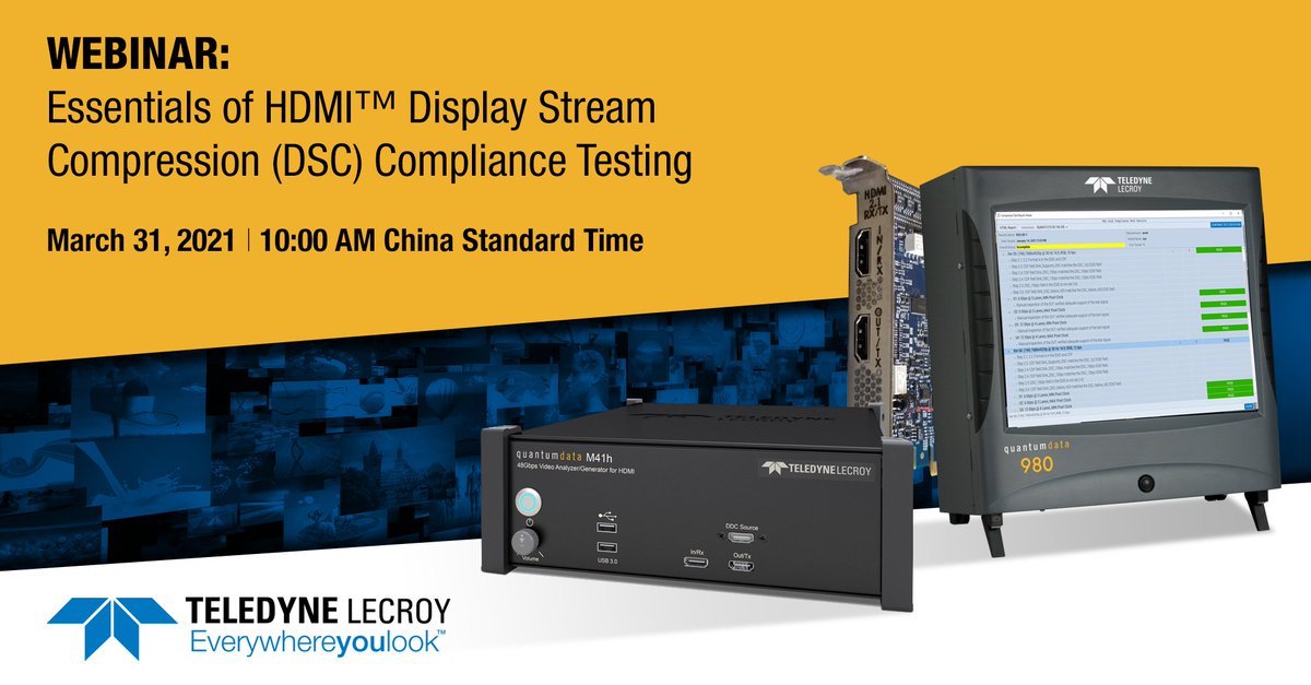 TeledyneLecroy's tweet photo. ASIA AUDIENCE - TWO DAYS AWAY #HDMI #webinar! Join #TeledyneLeCroy's #quantumdata team to discover #HDMI2.1 FRL #DisplayStreamCompression principles, theory of operation and #ComplianceTesting for both source &amp; sink devices. Register here: https://t.co/NE8VwGUODn #video https://t.co/9vSkPx9mMU