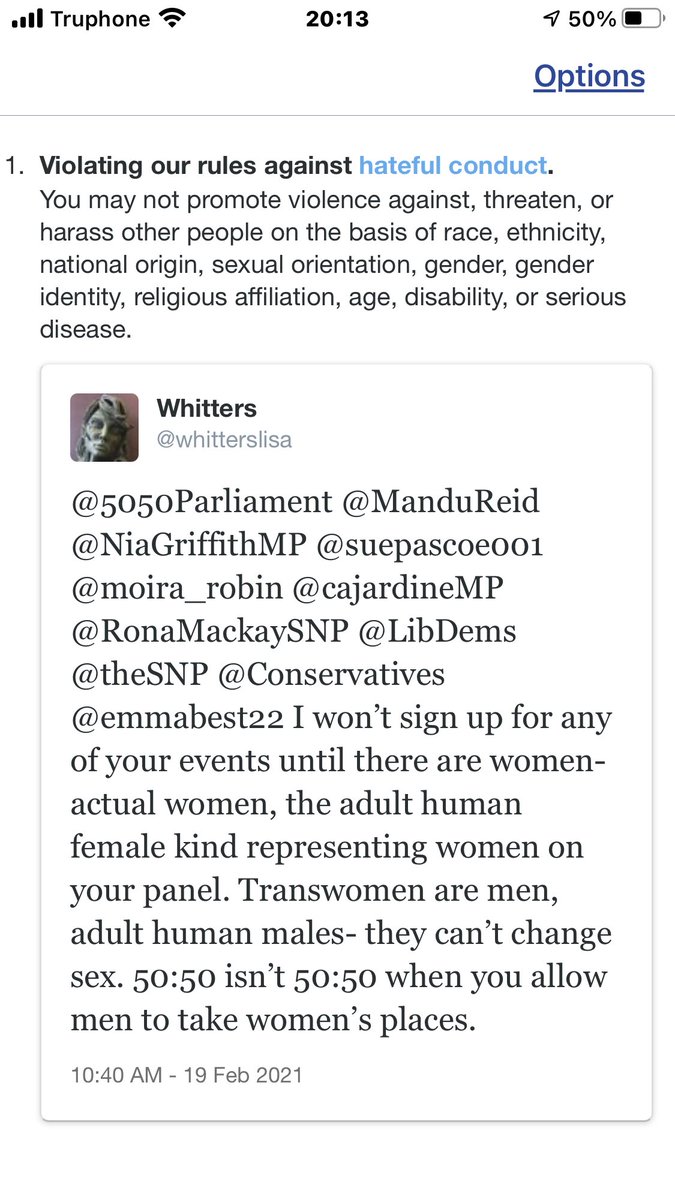 256. Women must agree to forgo female representation in Parliament; otherwise Twitter will ban them.  #TwitterErasesFemales