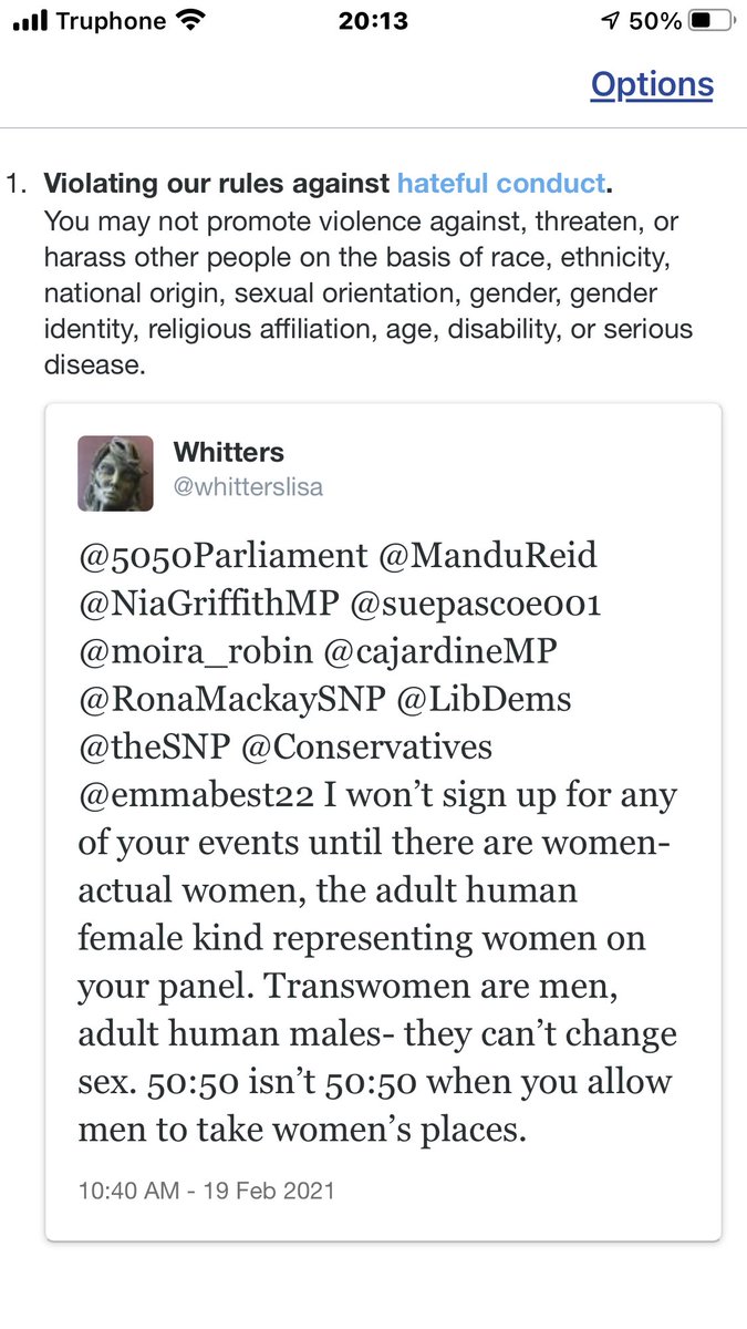 256. Women must agree to forgo female representation in Parliament; otherwise Twitter will ban them. #TwitterErasesFemales