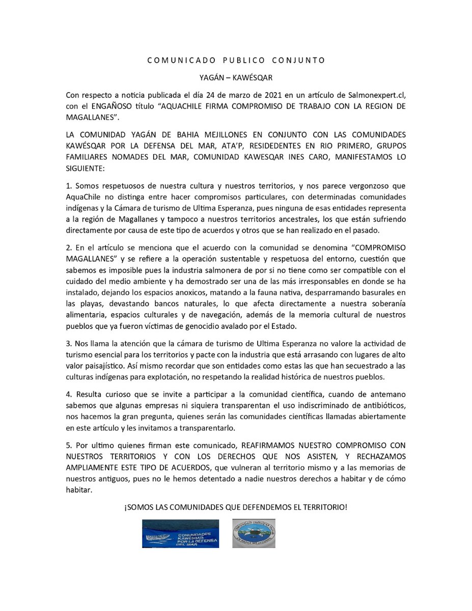<a href="/MesiasAranguiz/">Pablo Aránguiz Mesías</a> <a href="/benonagual/">conscienciacomún</a> <a href="/nsalmonerad/">TerritorioyaganSINsalmoneras</a> <a href="/PuebloYagan/">Comunidad Indígena Yaghan de Bahía Mejillones</a>