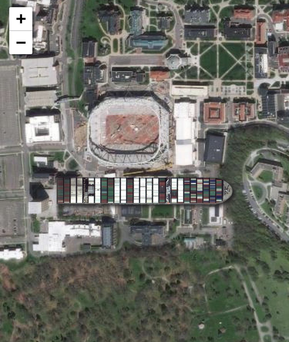 In case anyone wondered how big the Ever Given is compared to the Carrier Dome, here you go

Via: evergiven-everywhere.glitch.me
