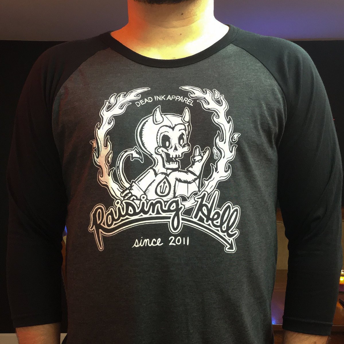 DeadInkApparel's tweet photo. Raising Hell baseball tees (limited to 12) available tonight at 9pm.  Get one before they are gone!  https://t.co/qbCJ0SIDsA https://t.co/tYxn98SK6A