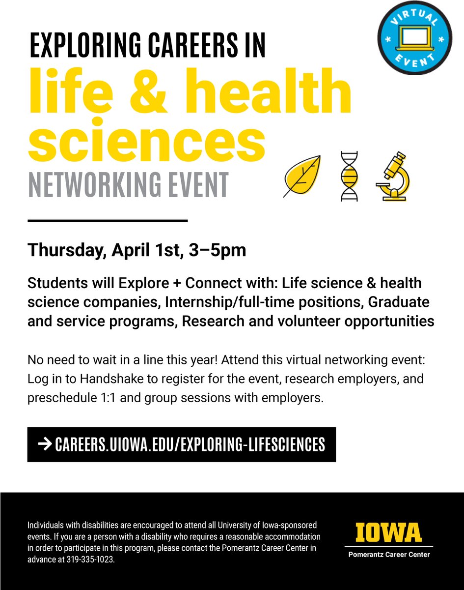 uiowabiology's tweet photo. All @uiowa students are invited to the Virtual Exploring Careers in Life &amp; Health Sciences Networking Event on Thur, 4/1. Attend anytime between 3-5pm. 40+ employers will be in attendance! Details &amp; student registration at: https://t.co/B9h31KQ7LO
@UICareerCenter @UIBioAdvisor https://t.co/jvezLpB7d1