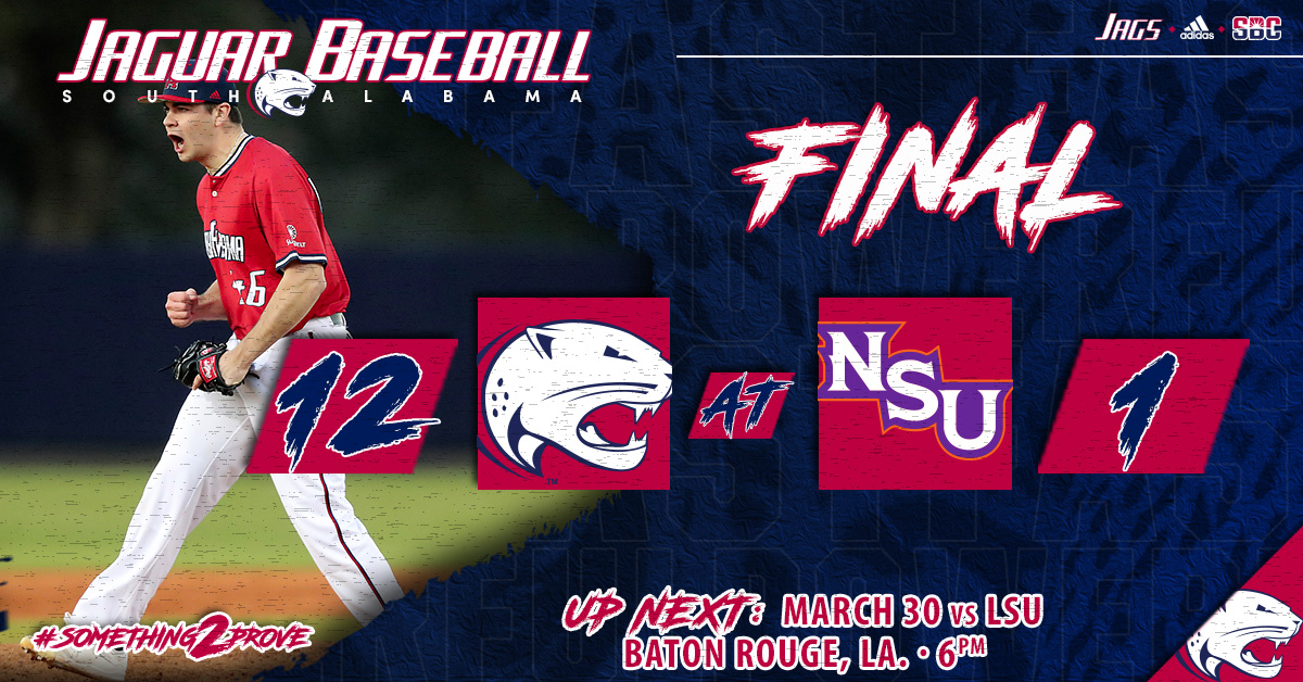 SouthAlabamaBSB's tweet photo. The Jags defeat Northwestern State to complete the three-game series sweep and extend their win streak to 5 games! USA returns to action Tue., March 30, at 6 p.m. at LSU.
#Something2Prove https://t.co/mcbZLsQrNm