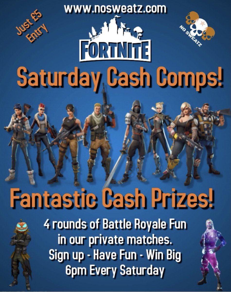 SweatzNo's tweet image. Prizes for our first premium tournament on Saturday stand at £50/£25/£10. 
Prizes will go up the more participants we have. Get on board guys #Fortnite #gamingcommunity #tournaments #battleroyale #eSports #pcgaming #Xbox #PlayStation #streamers