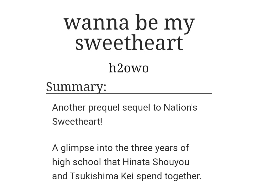 _h2owo's tweet photo. wanna be my sweetheart | 11.5k | *dj khaled voice* another one (prequel sequel to nation's sweetheart). this time it's just trainee hina and pining tsukki

https://t.co/ylQ0chyd6m

#tsukihina #tskhn https://t.co/syPmfCOruX
