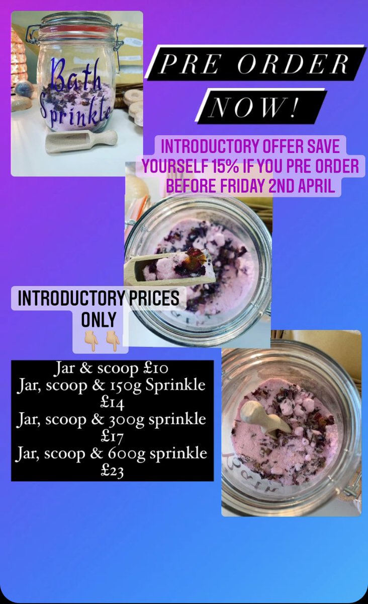 KsCraftsBoutiq1's tweet photo. 💜 Pre order 💜
#BathSprinkle #BathBombs #EcoFriendly #Reusable #Refillable #BathFizz #Handmade #SmallBusiness #IntroductoryOffer #PreOrder #OrderNow #SafeCosmetics #BathTime https://t.co/2GpismssfB