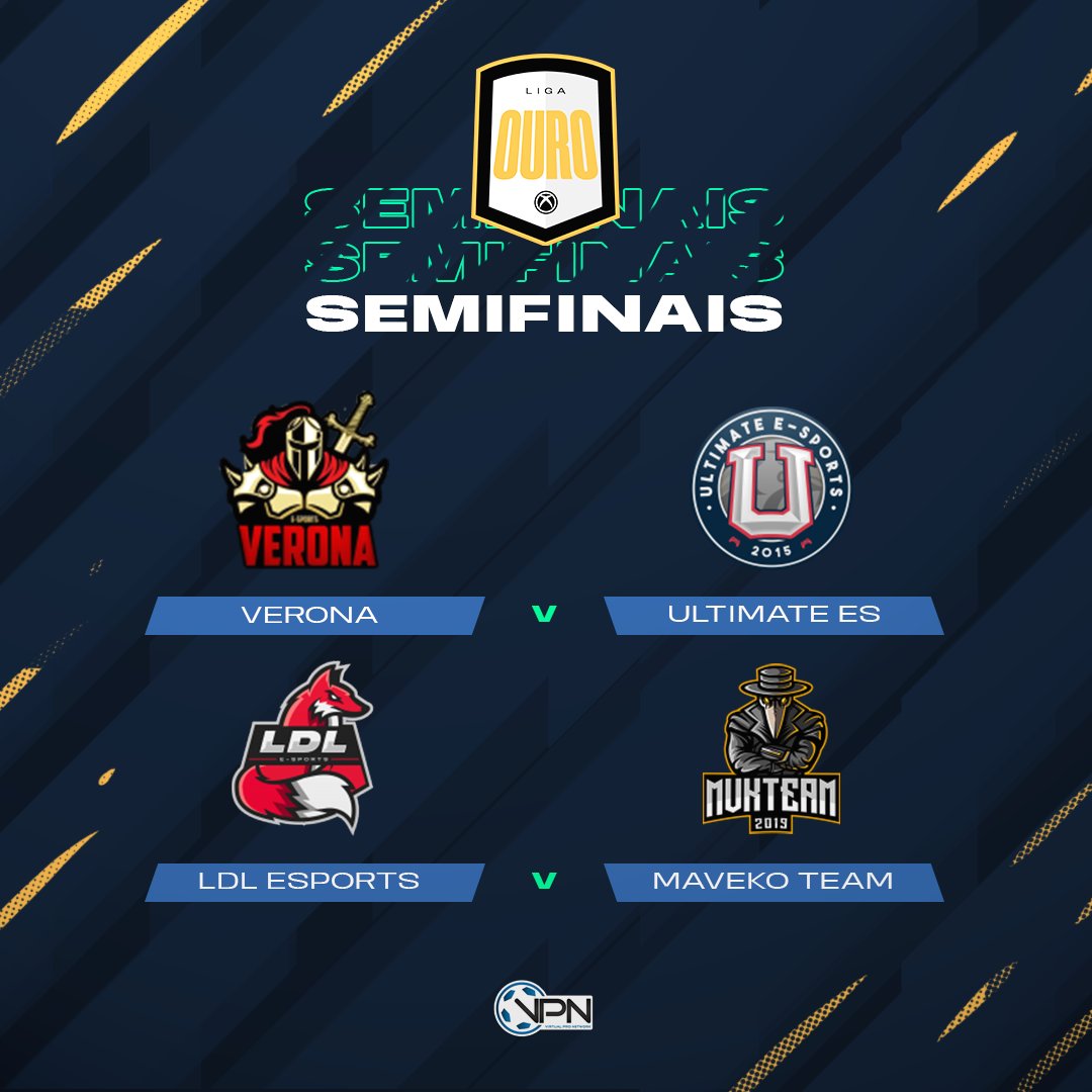 VPN_Brasil's tweet photo. Essas são as semifinais da Liga Ouro! Confrontos de ida e volta decidirão quem disputará a tão desejada final. Destaque especial para a equipe do @united_brasil__es que colocou 5 jogadores na seleção da #semana2 apesar de não conseguirem a classificação para a fase mata-mata. https://t.co/YvTx87cVxz