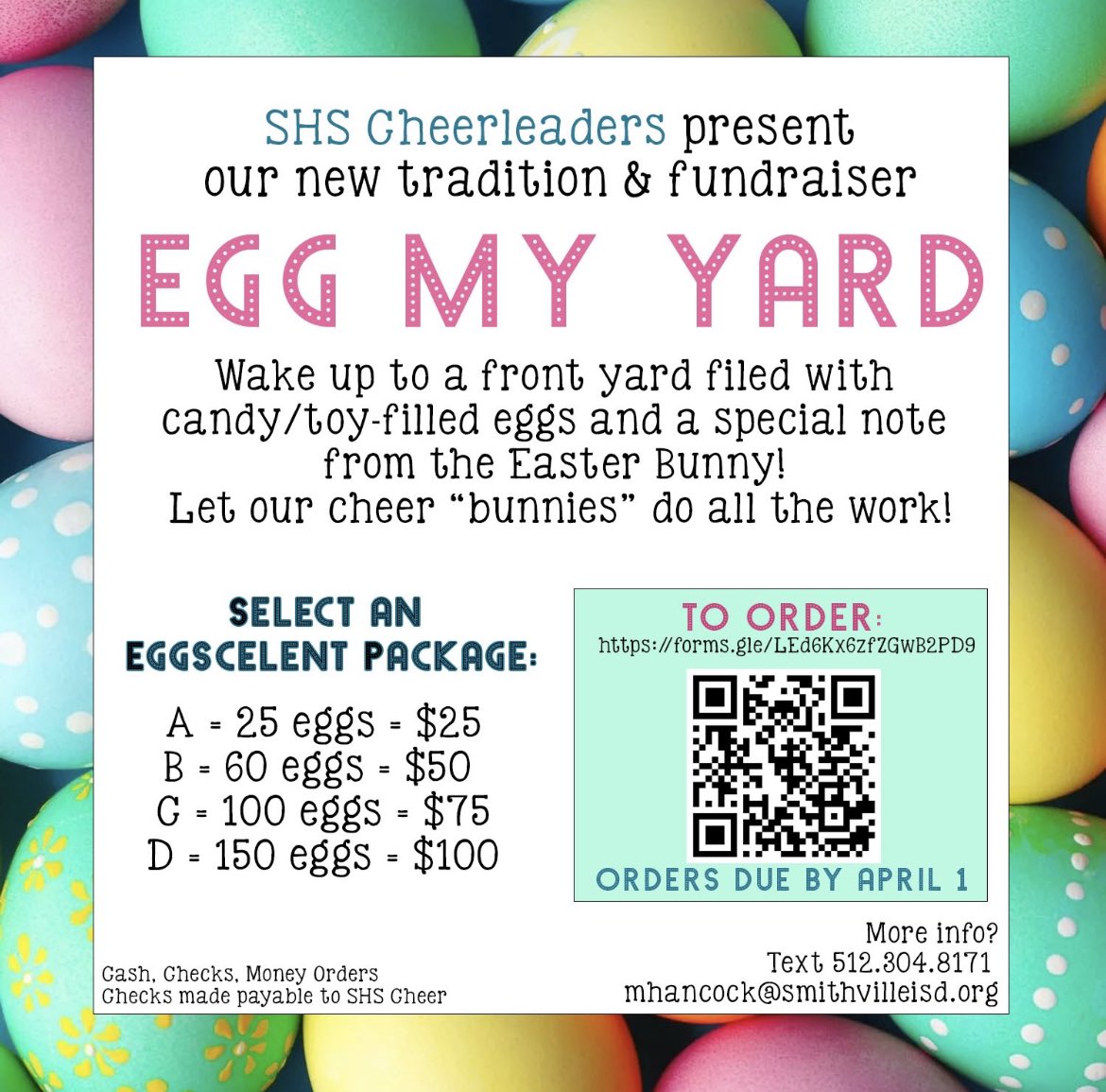 SVTigerSpirit's tweet image. We’re starting something new in Smithville!

Pick a package &amp;amp; candy-filled eggs will be scattered in your yard WITH a special note from 🐰!

Perfect for busy parents, surprising siblings/cousins, or simply making someone’s day!

Deadline this Thurs! @SmithvilleISD