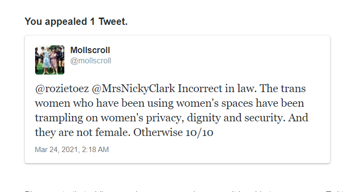 265. Women will deny the existence of their own female sex or Twitter will suspend them. #TwitterIsSexist