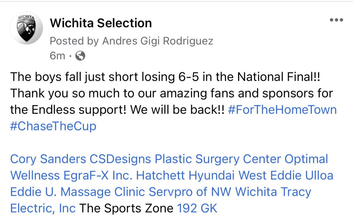 WSelection's tweet photo. The boys fall just short losing 6-5 in the National Final!! Thank you so much to our amazing fans and sponsors for the Endless support! We will be back!! #ForTheHomeTown #ChaseTheCup https://t.co/lFRAhGoJJB