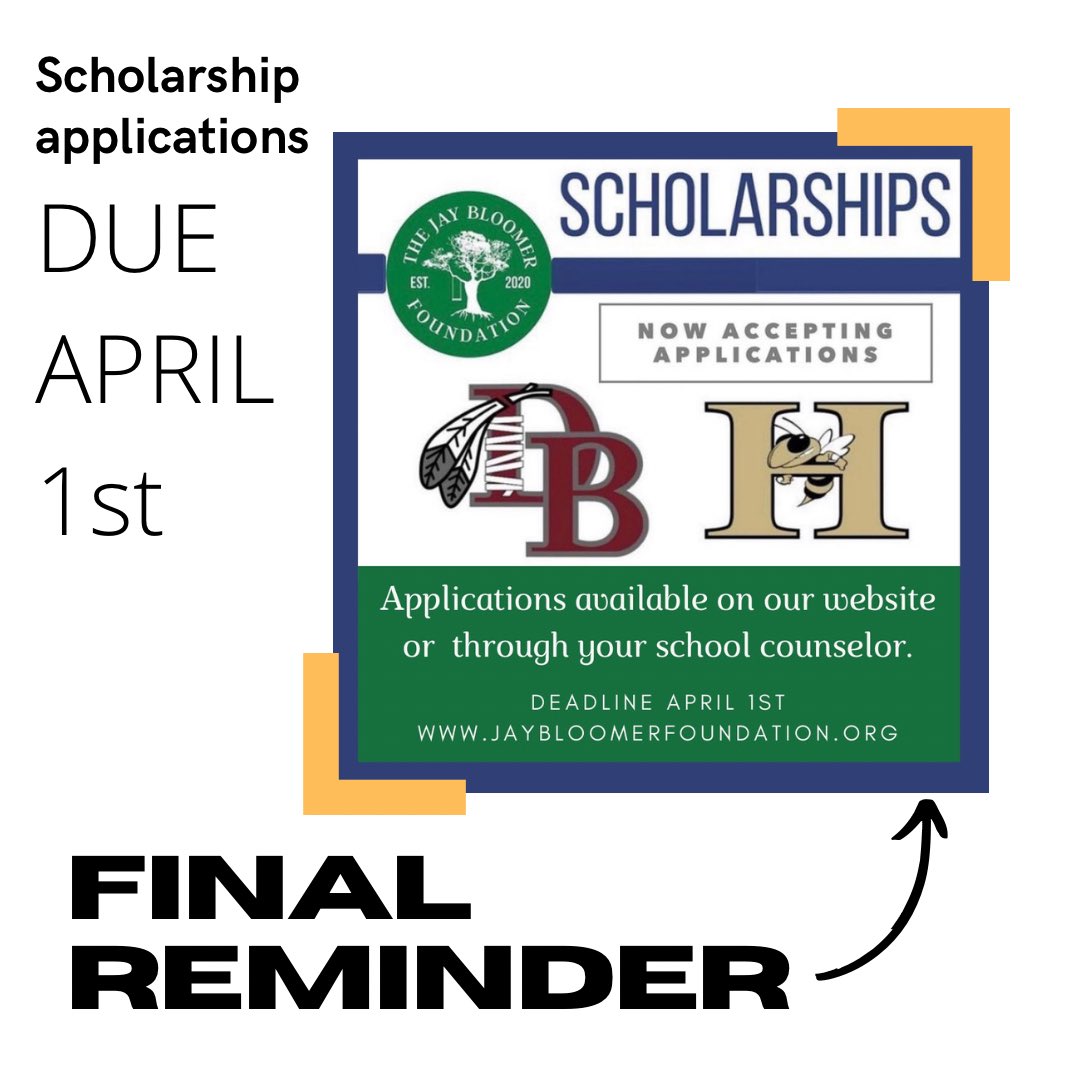 JayBFoundation's tweet photo. Attention Seniors at TLH and DB High Schools: Reminder that all applications for The Jay Bloomer Foundation Memorial Scholarship must be received by April 1st! https://t.co/H7YchGPVRZ