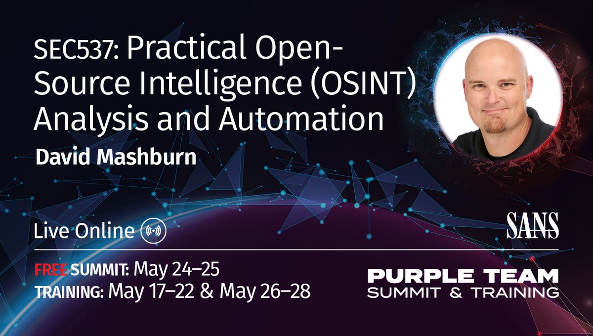 SANSDefense's tweet photo. The BRAND NEW #SEC537 teaches effective methods &amp; techniques for the identification of sensitive groups, image &amp; video verification, &amp; network traffic analysis &amp; #Python for #OSINT purposes.

Take it with @d_mashburn at #PurpleTeamSummit May 26-27: https://t.co/aVioDwMwgx https://t.co/EGsSjA6Y9K