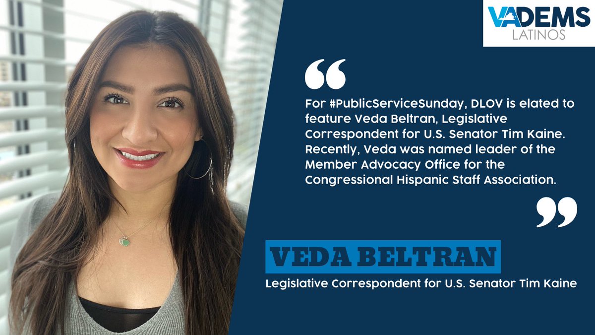 vademlatinos's tweet photo. For #PublicServiceSunday, the Democratic Latino Organization of Virginia is elated to feature @VedaBeltran, Legislative Correspondent for @timkaine.
Recently, Veda was named leader of the Member Advocacy Office for the Congressional Hispanic Staff Association, @chsadc. https://t.co/sTWPbGkWrB