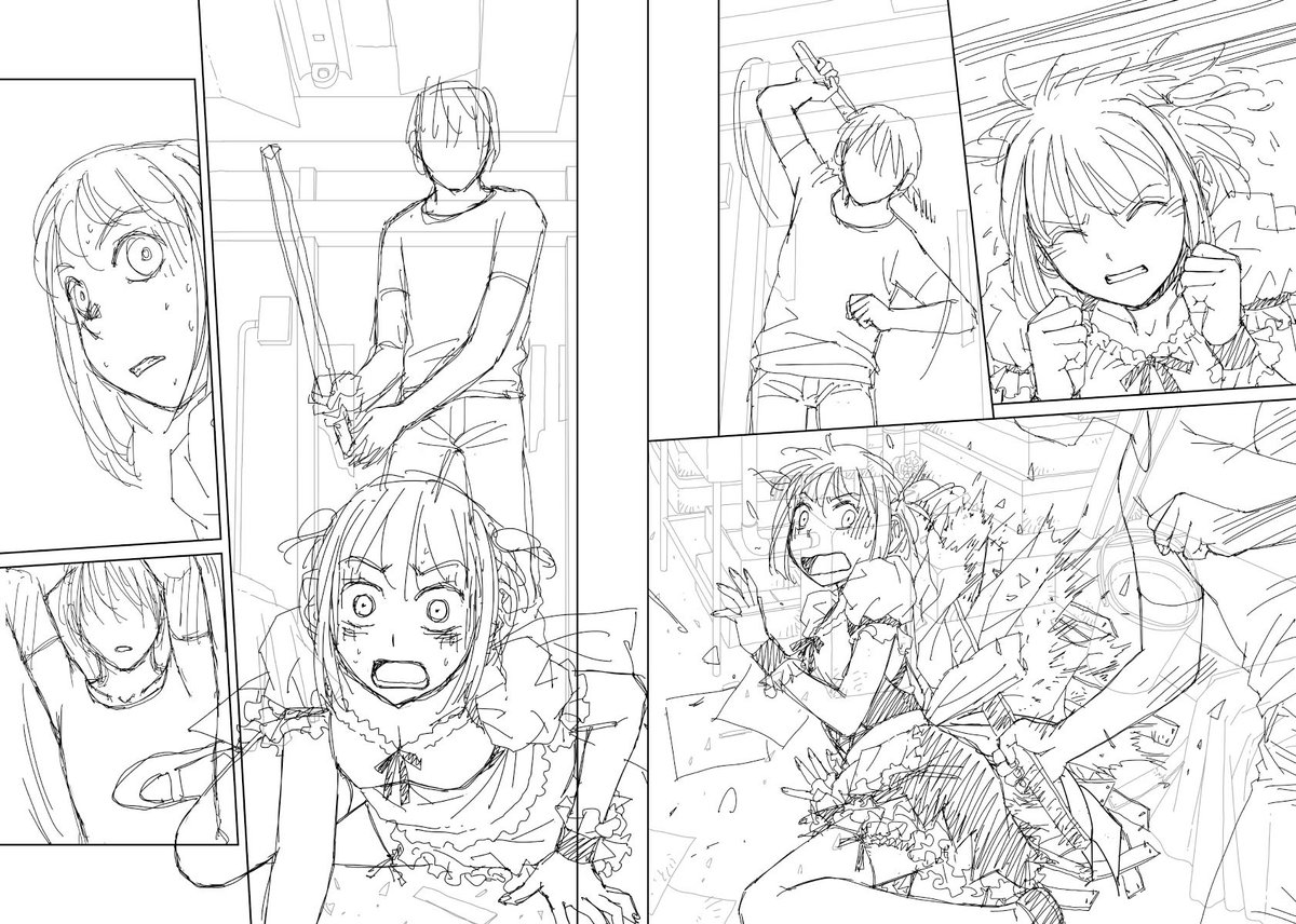 寝具の下に入れるダニ除けシートの効果が切れたので買い換えたつもりがクローゼット用のを間違えて買ってた。
凄い臭いでオイラが駆除されそう…ಥ‿ಥ

おやすみなさい😴

見開き単位で作業してた連載の下描き台詞フキダシ擬音無しバージョン…21 